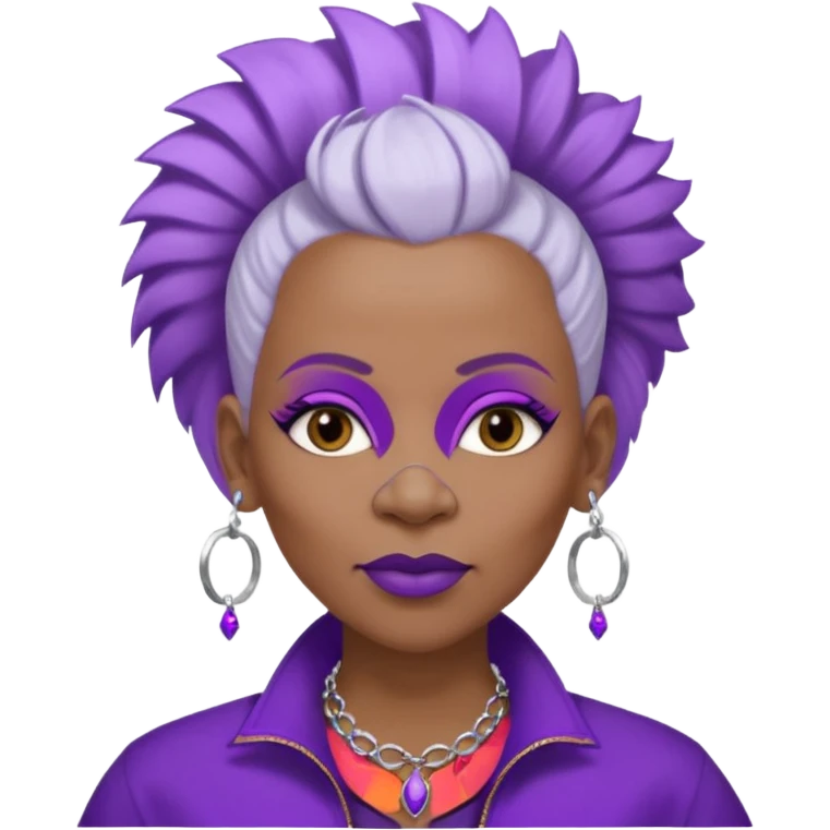 57yr old Qeen black woman with long oval shaped face with a white colored  natural hair mohawk style haircut adorning purple royalty clothing and purle lipstick, with 2 nose ring piercing  emoji