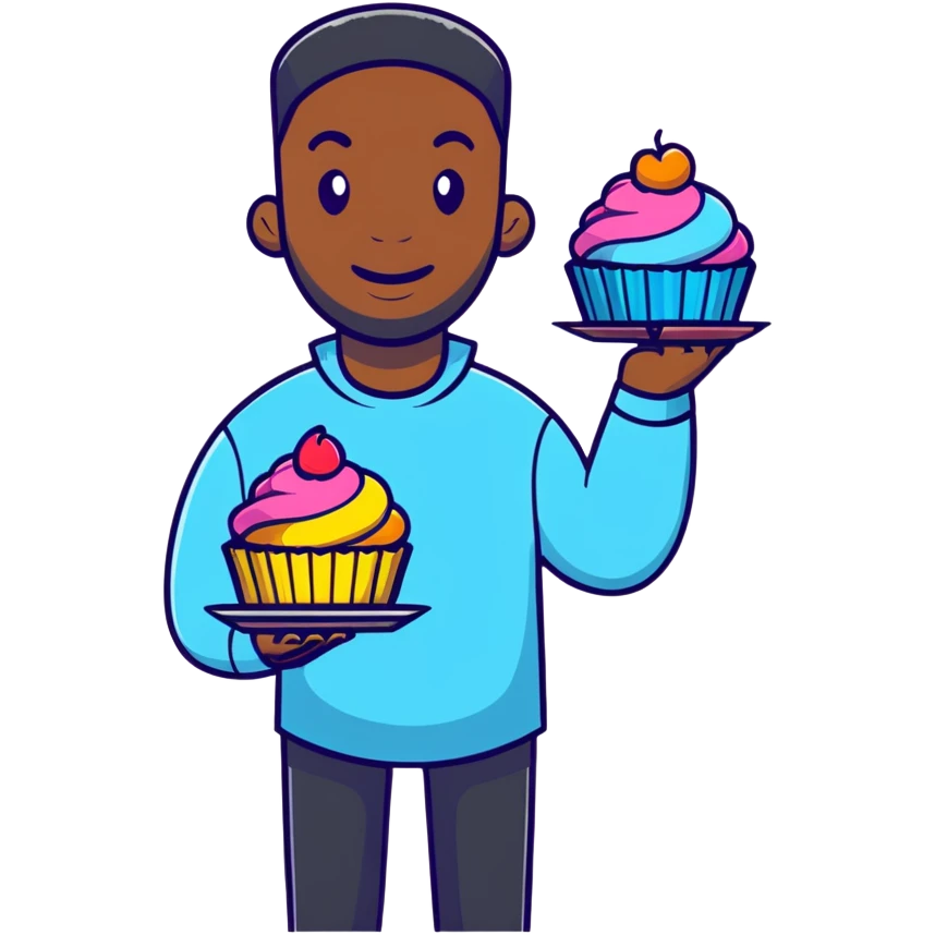 Cheerful large African American man holding colorful cupcakes emoji