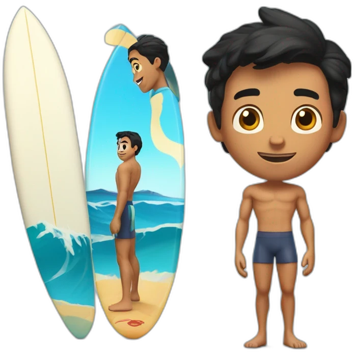 emote with pixar style 3d illustration of a man with tanned skin, black hair, fade haircut and brown eyes, surfing emoji