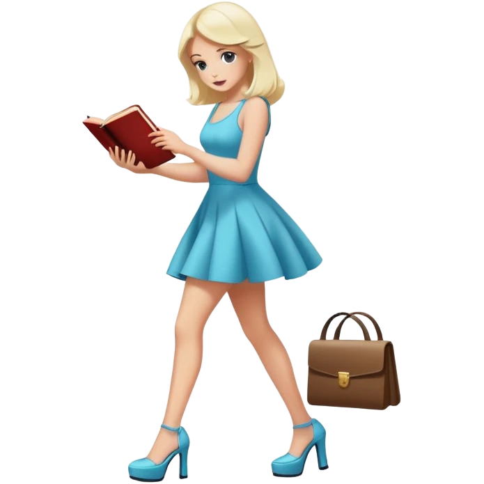 Bimbo walking, platform heels, mini dress, picking up book from ground emoji