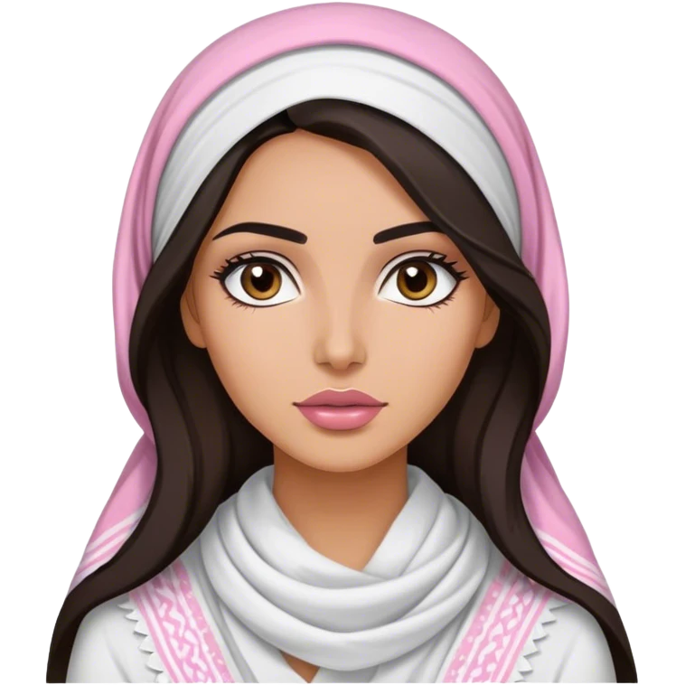 A woman with long, dark hair wears a traditional white keffiyeh, her makeup is well done, with defined eyebrows and soft pink lips  emoji