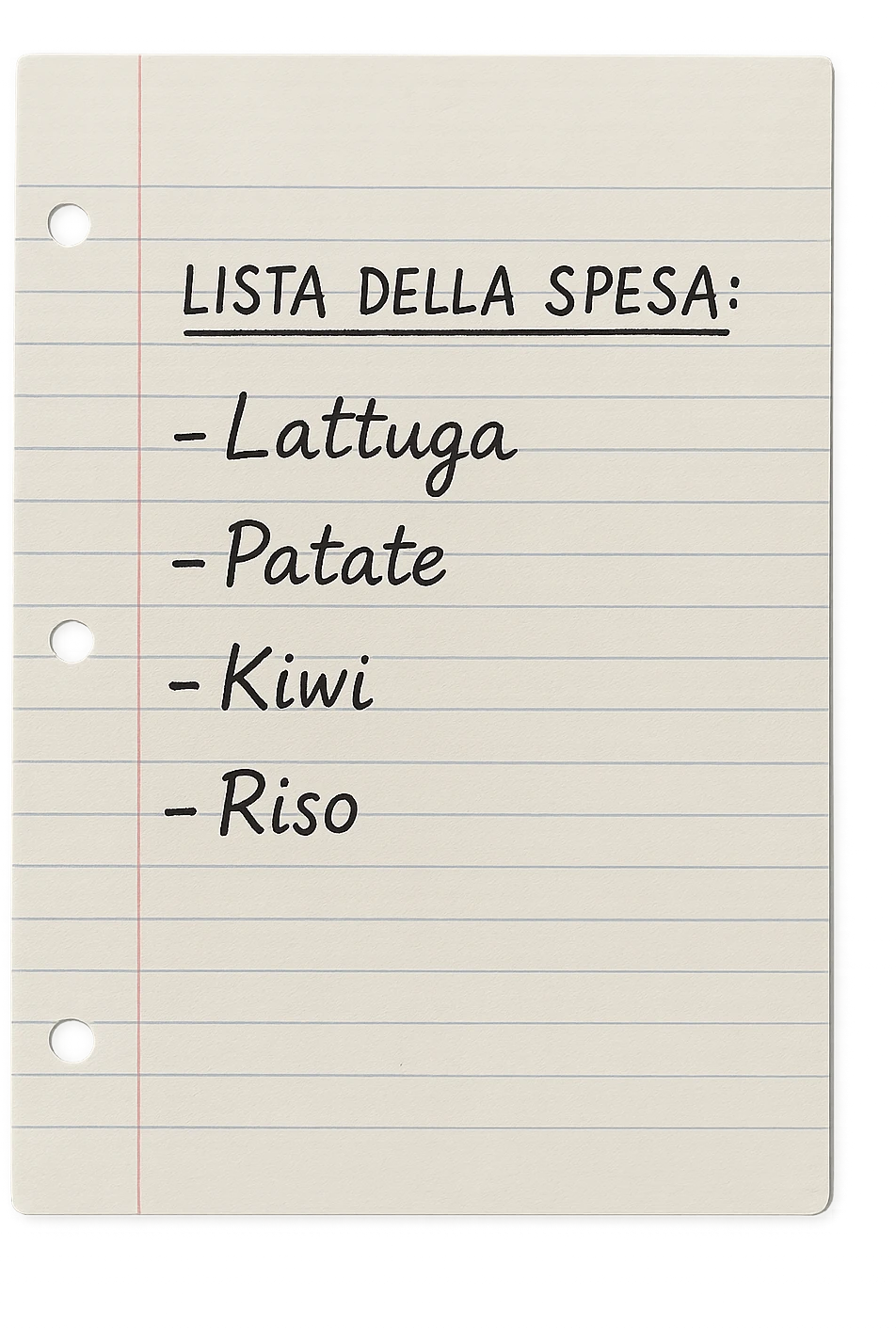 FOGLIO DI CARTA A RIGHE CON LISTA DELLA SPESA SCRITTA A PENNA:
"LISTA DELLA SPESA:
- Lattuga
- Patate
- Kiwi
- Riso", iperealistico 4k emoji
