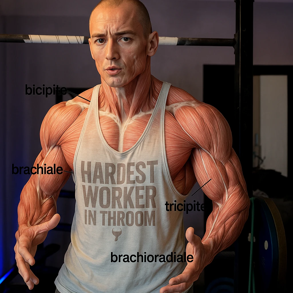 Highlight the muscle fibers of the man's body in the reference photo in a realistic anatomical style, maintaining the original pose and expression. Add labels in Italian for the arm muscles: bicipite, tricipite, brachiale, brachioradiale. emoji