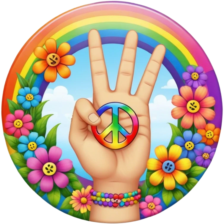A round psychedelic colored button with a hand making the peace sign in the center surrounded by rainbow colored hippie style flowers emoji