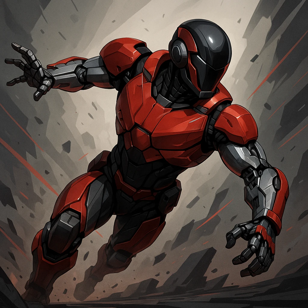 Scarlet Duke from the future, robotic arm, sleek helmet, red and black armor, dynamic action pose emoji