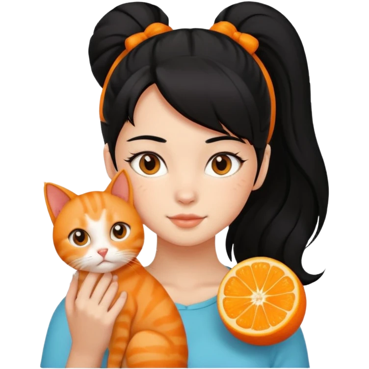 A black haired girl with a high ponytail holding an orange cat emoji
