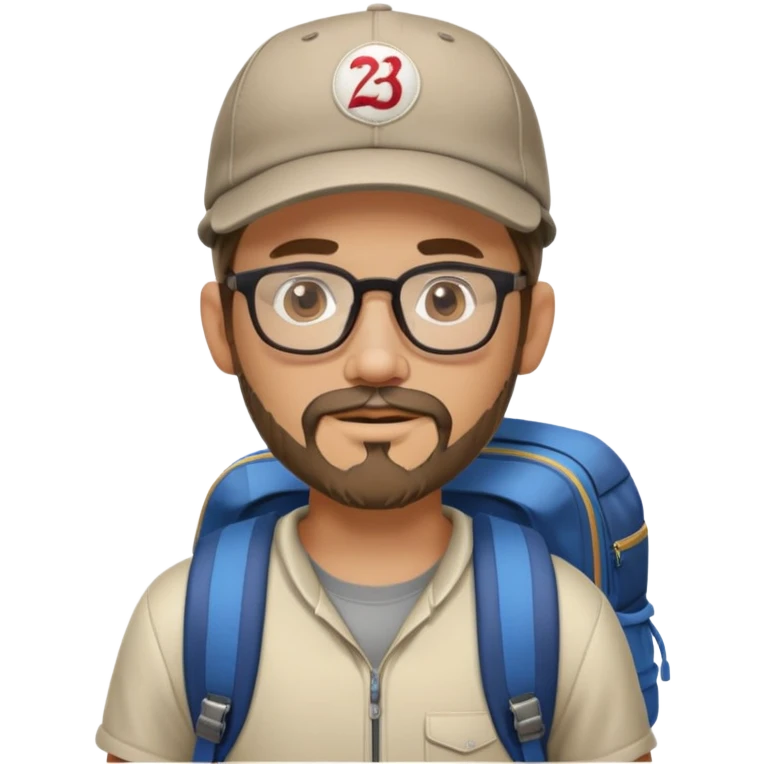 adventurer with goatee beard (no beard on cheeks), short hair, glasses, backwards baseball cap and backpack emoji