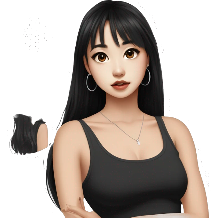 Korean girl, black tank top, black hair, black eyes, layered hair, cool girl, aesthetic, long hair, hime cut, blunt bangs, small silver hoop earrings emoji