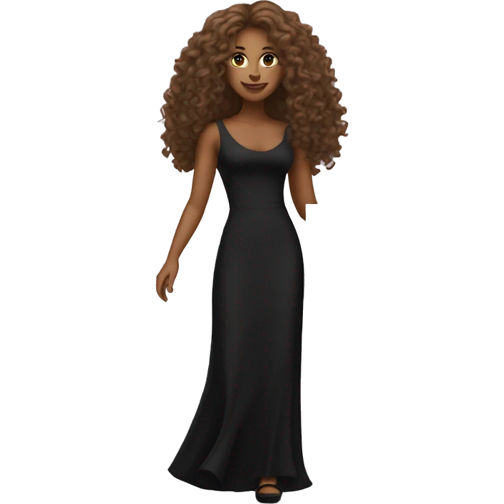 Tan woman with long curly hair in a black dress and heels holding a sign emoji