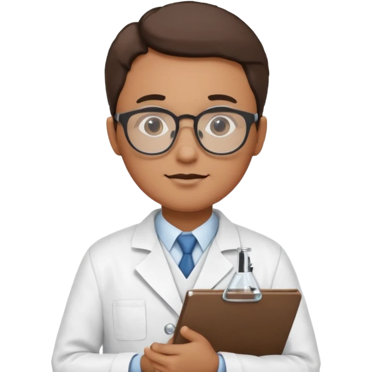 scientist with glasses and lab coat holding a clipboard or study, stylized emoji