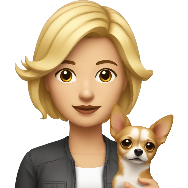 mujer con pelo muy corto rubio y su perro Chihuahua emoji