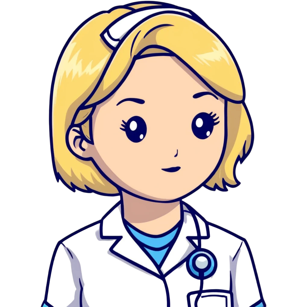 blonde woman kinesiologist in medical uniform with thoughtful face emoji