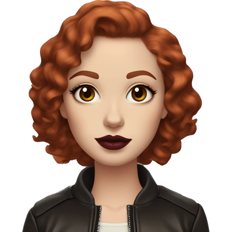 Girl with very pale skin, true red curly short hair with a side part, heavy cat-eye makeup, long eyelashes, dark maroon blush and lipstick.  Her eyebrows are dark, arched and very high.  Hazel eyes. Big lips. Thin. Wearing a leather jacket  emoji