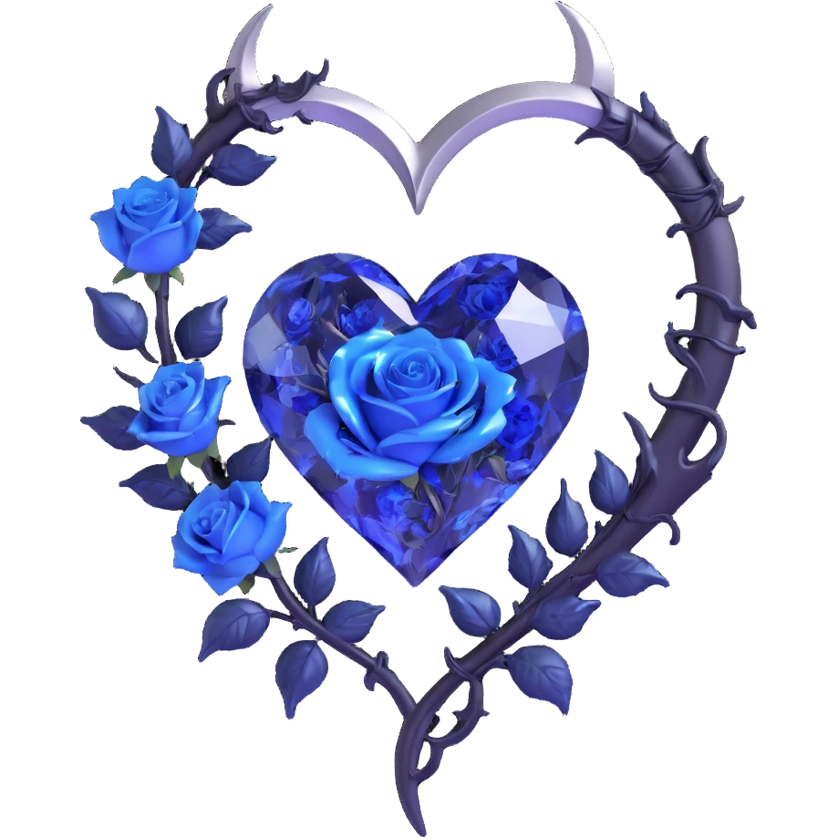 gothic heart made of sapphire glass, silver crescent moon, glowing navy roses, holographic stardust, neon blue lightning, drenched and splintered glass emoji