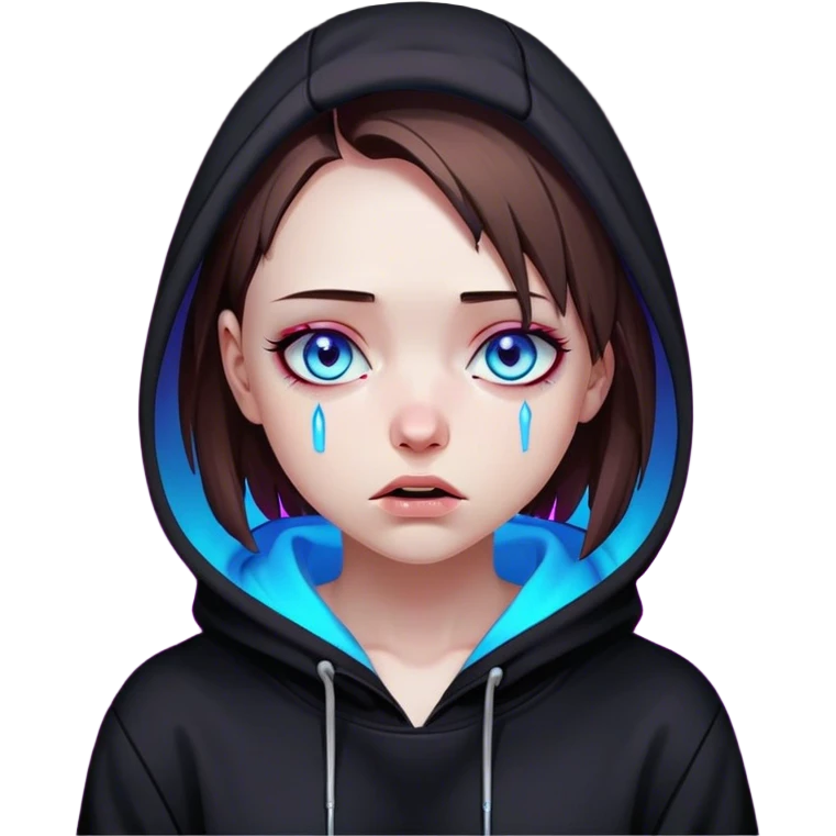 a girl with a brown bob and blue eyes in a black hoodie is crying Cyberpunk style. Violet neon. emoji