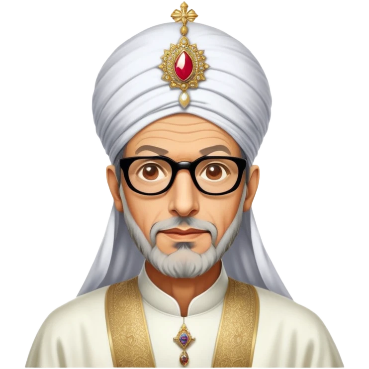Jeff Goldblum no glasses as a regal portrait dressed as suleiman-the-magnificent,-depicted-as-a-regal-ottoman-sultan-adorned-with-a-large,-white,-round,-tall-turban-and-a-majestic-grey-beard,-his-commanding-gaze-bathed-in-warm,-historic-lighting-that-exudes-time with a large long beard **no glasses** emoji
