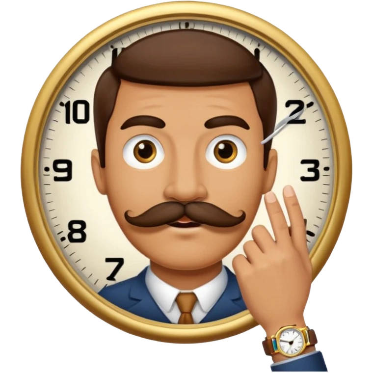 a watch person, a wrist watch with a face (eyes and mouth) in it and the clock hand are positioned to look like a moustache emoji