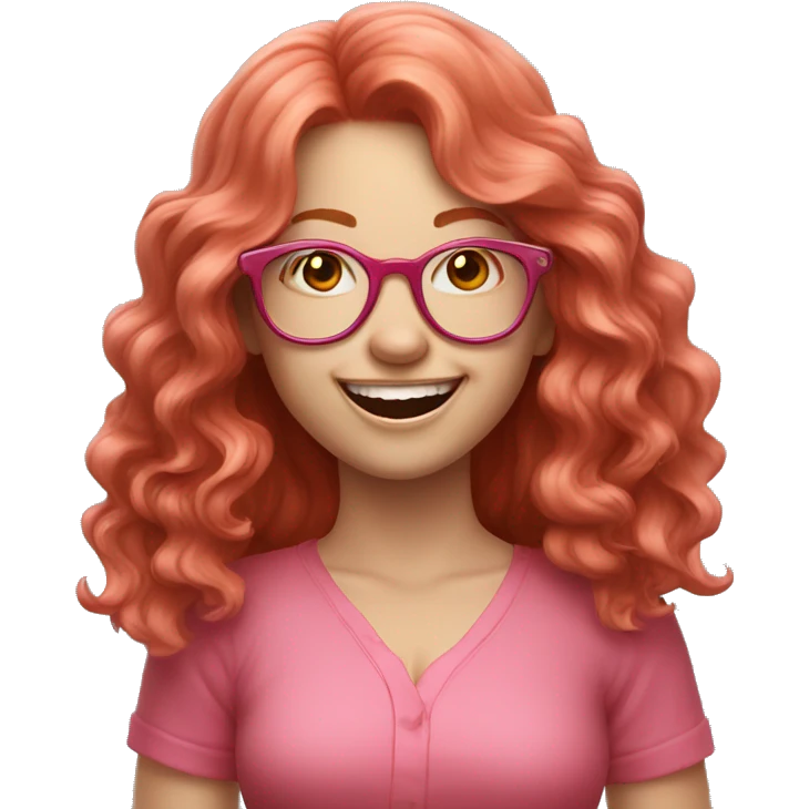 Pale, Long Wavy haired red head, girl with pink circular glasses glasses laughing and pointing emoji