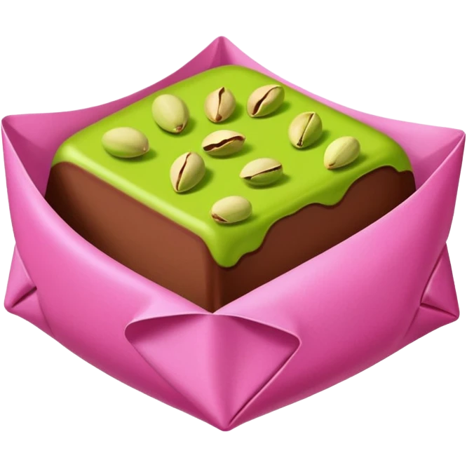 bitten chocolate in a pink wrapper. chocolate filling - pistachio paste green emoji