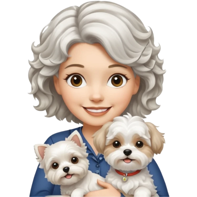 silver, short, wavy-haired with loose curls, smiling pretty lady holding a white west highland terrier dog and a white and tan shih tzu dog emoji