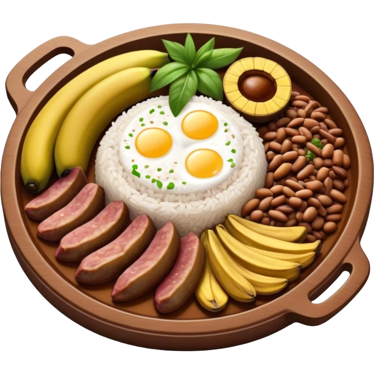 Cinematic Realistic Bandeja Paisa Dish Emoji, depicted as a hearty platter featuring beans, rice, meat, and plantains rendered with detailed textures and vibrant, robust lighting. emoji