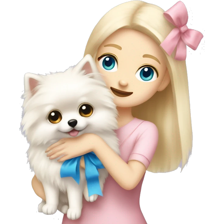 Blond girl white skin blue eyes hugging white Pomeranian with light pink bow emoji