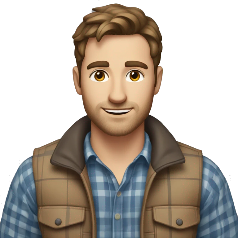 a white 30 year old man with brown hair and stubble in a plaid shirt and gilet  emoji