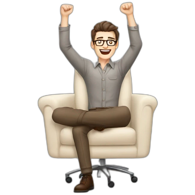 Joyful Celebrating victory Hands up Pale skinned Fit Man With dark brown hair in gray jacket, beige office shirt, Brown pants and vintage glasses sitting In a soft chair emoji