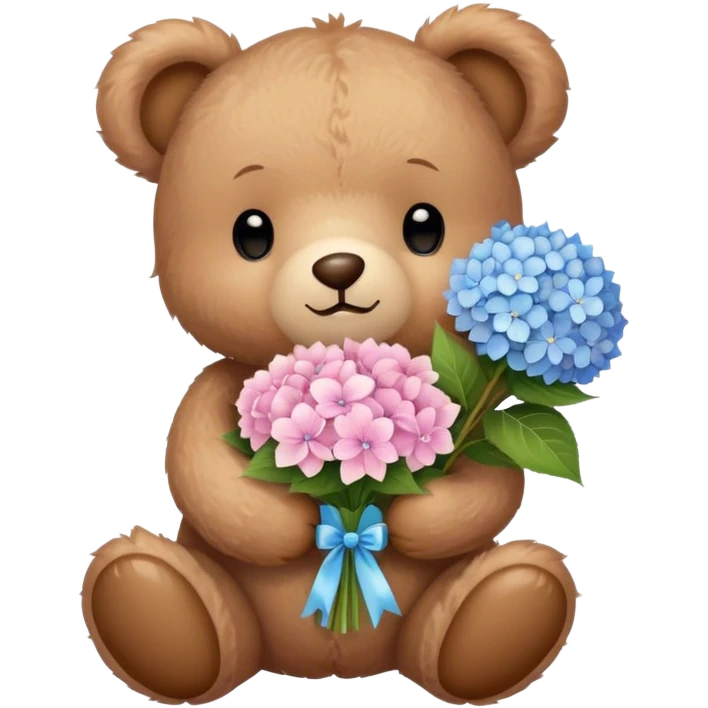 light brown teddy bear super cute holding a light pink and light blue bouquet of hydrangeas emoji