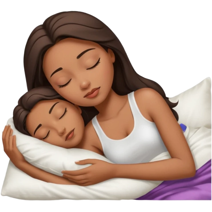 sleeping beauty african american woman with dark brown hair with a white silk pillow, she is sleeping on her side, she is wearing a white tank top emoji