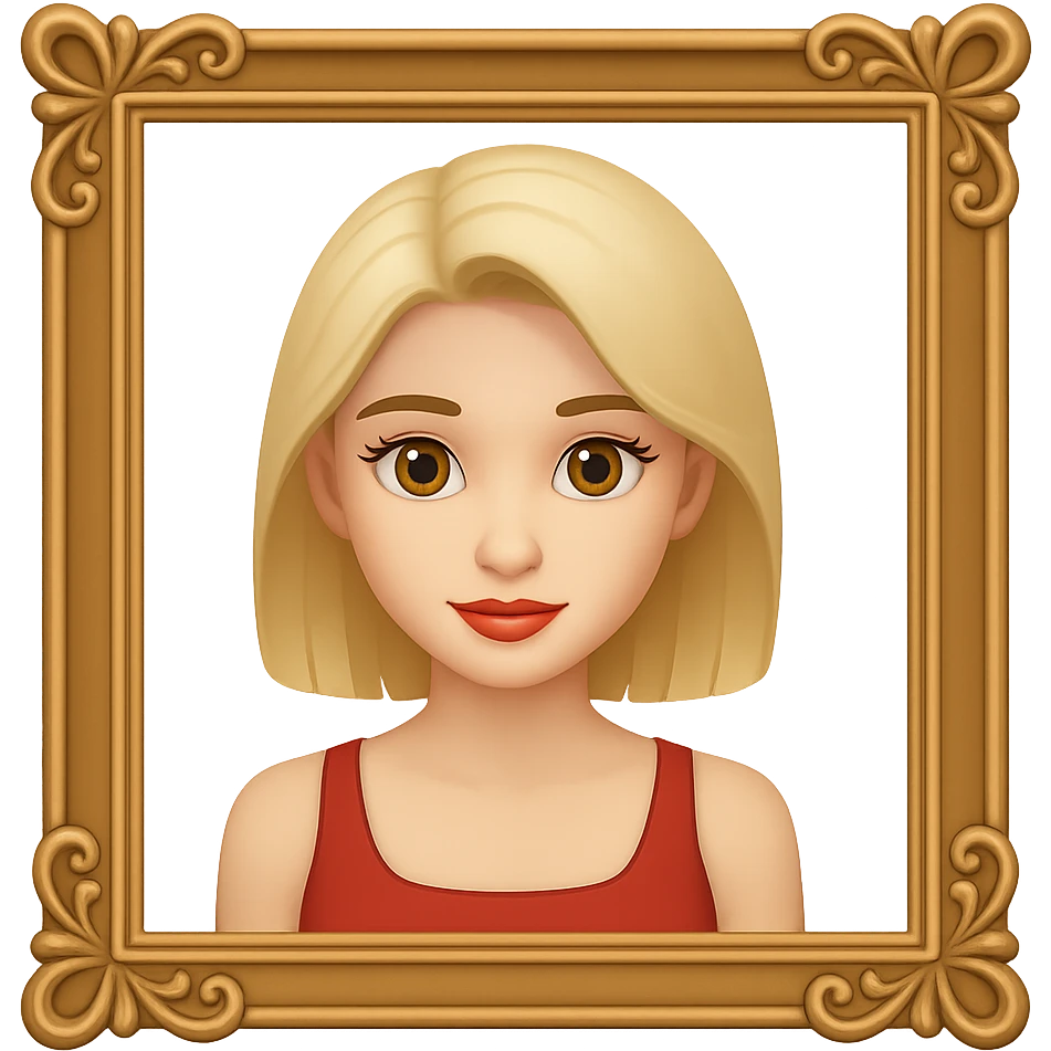 Place the girl inside a decorative picture frame, keeping the same style as the original image. Maintain a transparent background. The original style is preserved in the framing. emoji