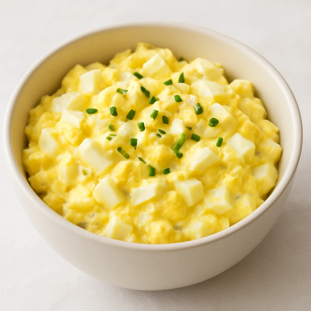egg salad served in a bowl, yellow and white colors, clean presentation emoji