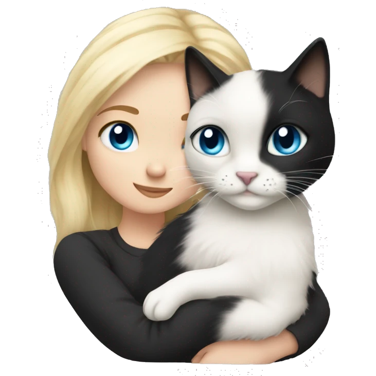 Blonde girl blue eyes snuggling fluffy black and white tuxie cat emoji