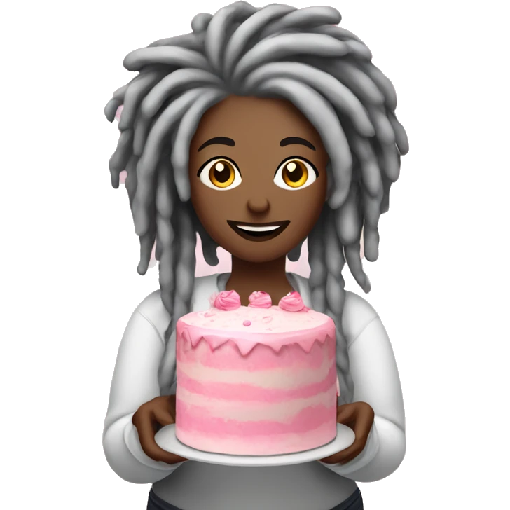 Plus sized fair toned woman with grey dreadlocks making a big pink cake  emoji