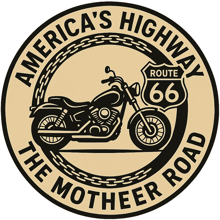 circular design for motorcycle cap, transparent background, text 'AMERICA'S HIGHWAY - ROUTE 66 - THE MOTHER ROAD', motif: chain, motorcycle, Route 66 sign, friendly style emoji