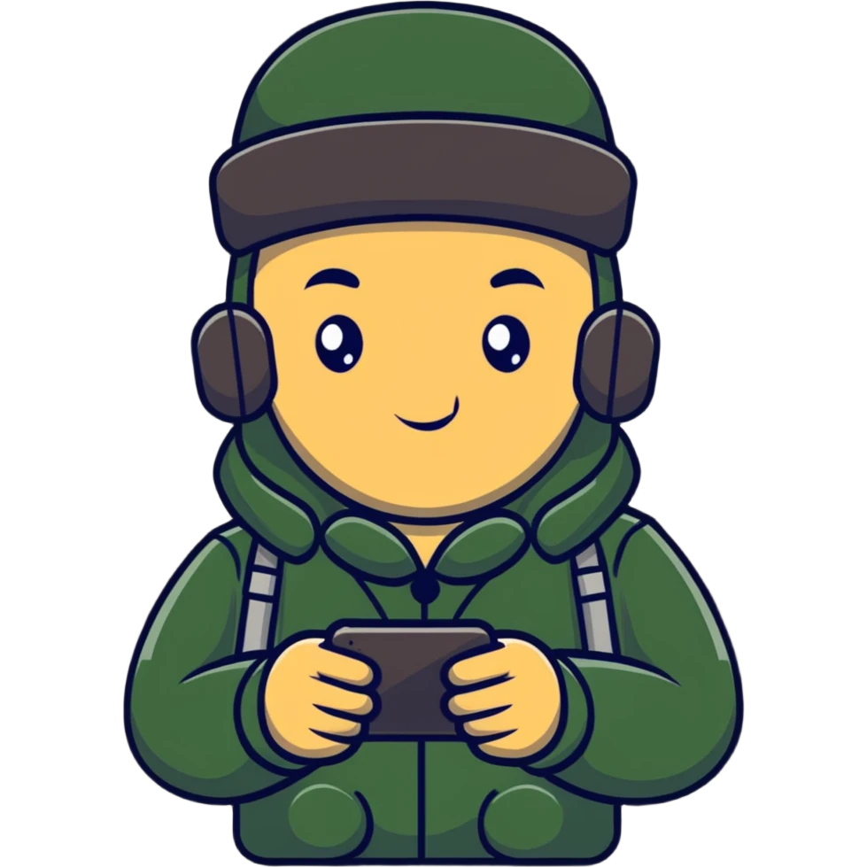 Russian military blogger wearing an ushanka hat and a vatnik, holding a smartphone emoji