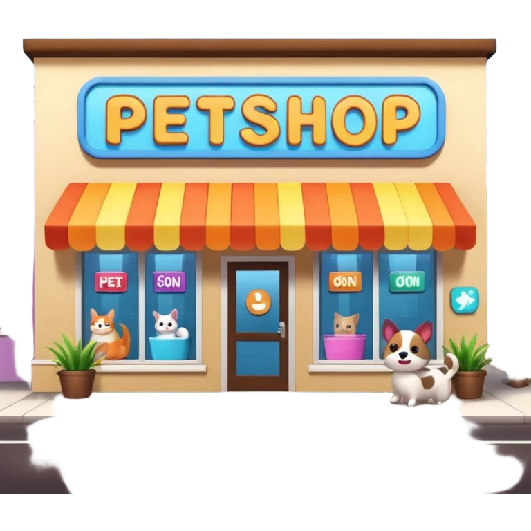 Modern building of a pet shop with a big glowing sign that says PETSHOP on the front. Colorful storefront, large windows showing pet products inside, cute animal illustrations on the walls, warm and friendly atmosphere, daytime, high-quality detailed render emoji