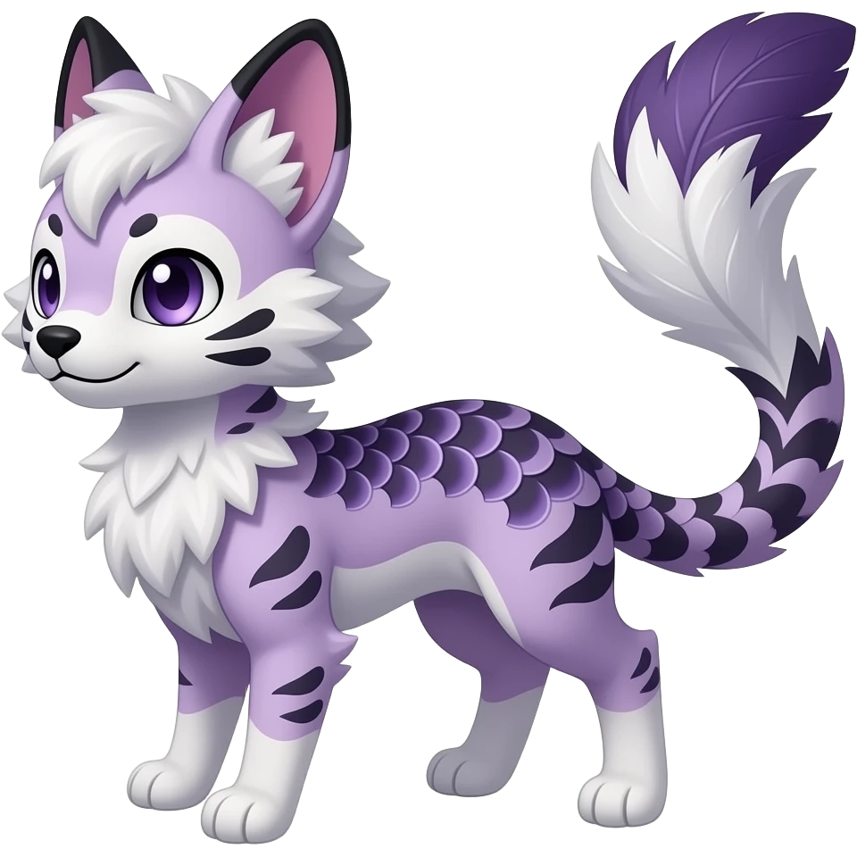Scallops-patterned Slim stylish feather-maned elegant realistic Asian Furry, feathery fluffy tropical flecked painted feathery scaly, Purple, white, black, Minccino-Bambino-Lykoi-Linoone-Zangoose-fusion-hybrid-animal-Fakémon-creature, full body, thin long sleek scaly tail, intricate markings emoji