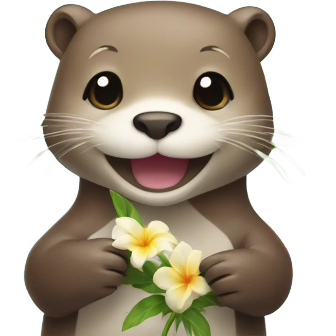 A happy and cute otter face holding a Hawaiian flower emoji