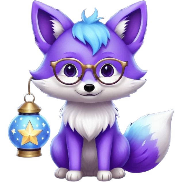 a small magical fox with shimmering purple and blue fur, a glowing fluffy tail, a silver star on its forehead, round glasses, and a tiny lantern. 😂 emoji