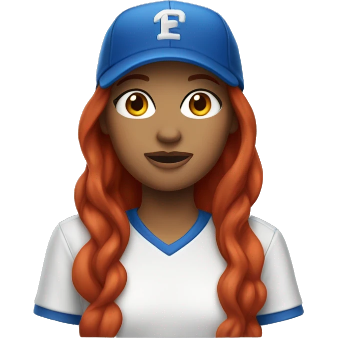 front facing standing up female coach with long red hair, wearing a white t-shirt and a simple baseball blue hat emoji