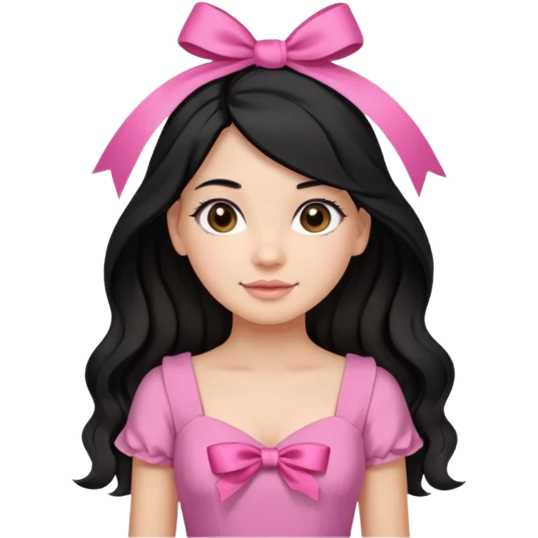 Beautiful girl with black hair in a half-up half-down hairstyle with pink ribbon tying the top half, waves at the ends, brown eyes, light skin, slight smile, and pink dress emoji