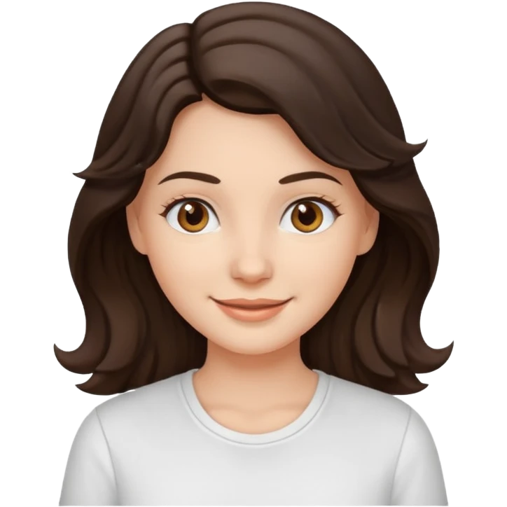 A White girl with wavy and dark hair, light brown eyes and a white shirt smiling emoji