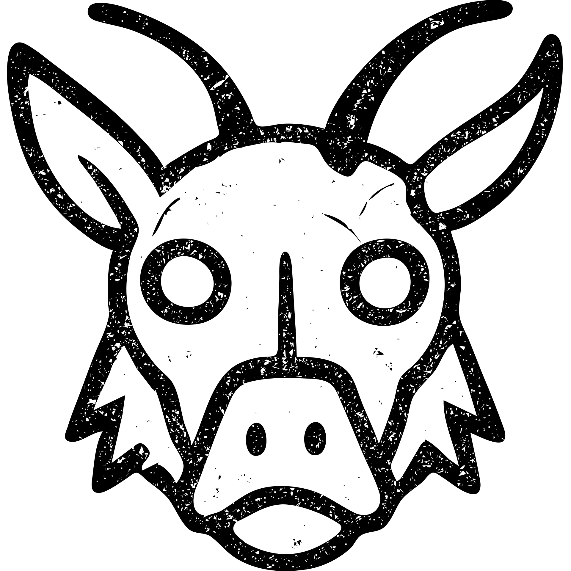 a highly abstract and minimalist red icon combining: stoat fur texture, minotaur skull with horn, frog eyes, elf facial structure, moth antennae, cat ears, platypus bill elements, and capybara nose, all fused into one bizarre chimeric head, extremely weathered with scratches, broken lines, and worn appearance, entirely red emoji