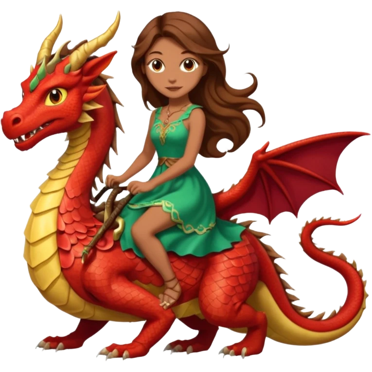 Women with long brown hair and brown eyes riding a dragon showing her full body in pretty dress  emoji