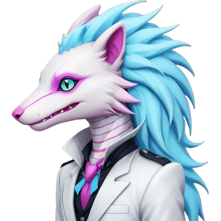 White badass elegant wild beautiful natural cute badass epic anthro modern albino sergal-vernid-creature with cyan mane and magenta eyes with cyan edgy stripes, full body, blue pretty hair, outside, modern, aesthetic, art by LiLaiRa, art by art by Falvie emoji