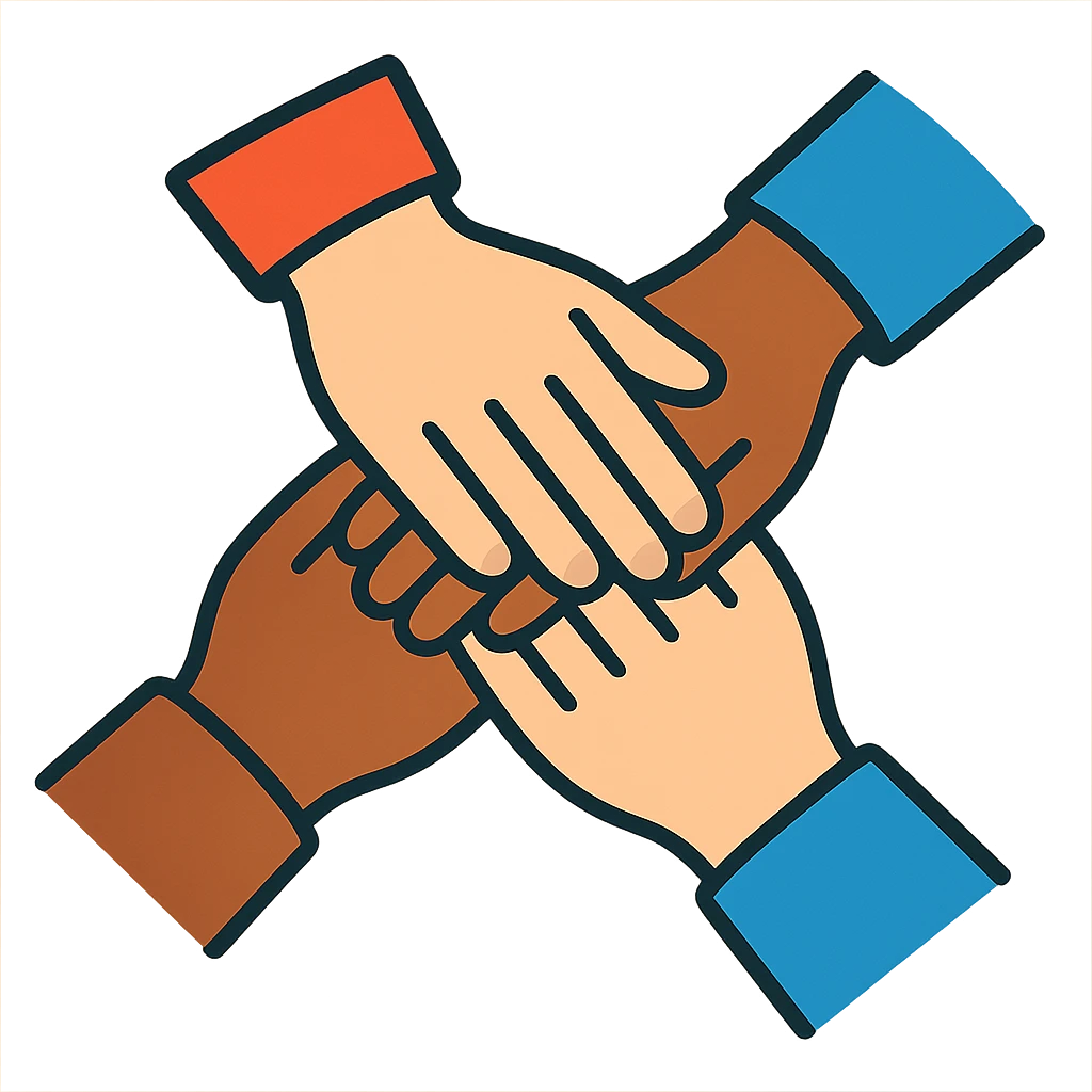 a handpile, cartoon style, hands of different skin tones stacked emoji