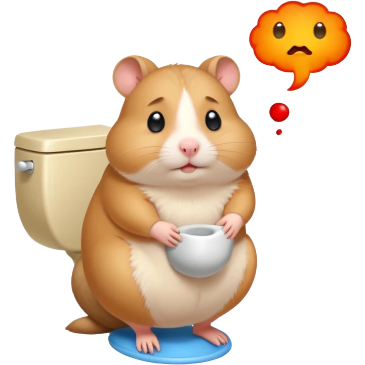 Cute chubby cartoon-style hamster sitting on toilet pooping looking guilty with thought bubble thinking about chilli  emoji