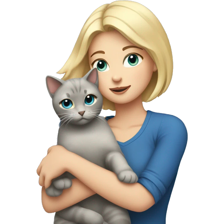 blonde with short hair and blue eyes holds a gray cat in her arms emoji