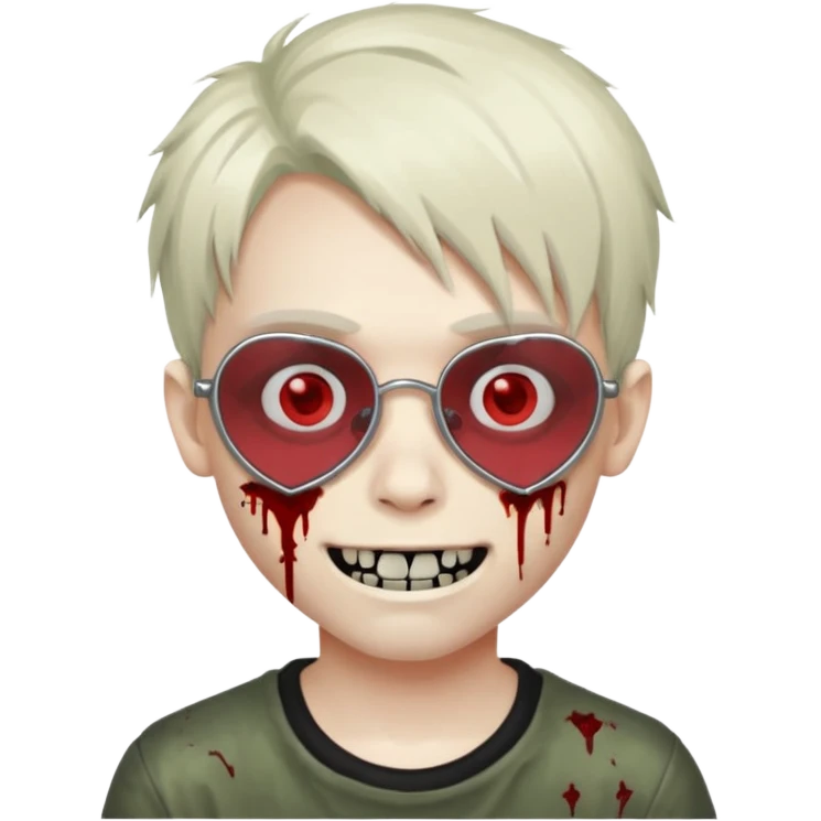 Zombie emo boy, chrome heart glasses and a scary smile, scars and blood under eyes emoji